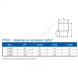 Переход PP-H на чугун серый HT HTUG Дн 50 б/нап без манжеты Ostendorf 112820