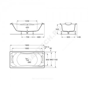 Ванна акриловая BeCool 190х110 с отверстиями для ручек без ножек Roca 247989001