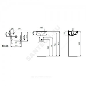 Умывальник подвесной TEMPO 35 смеситель с левой стороны белый Ideal Standard T056801