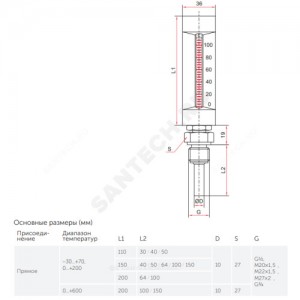 Термометр жидкостной виброустойчивый прямой L=150мм G1/2" 200С ТТ-В-150 150/100 Росма 00000002830