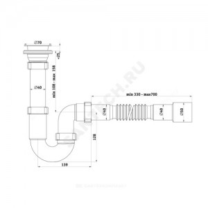 Сифон для умывальника/мойки трубный 1 1/2''x40 с гофрой 40х40/50 выпуск с нержавеющей решёткой D=70мм АНИ Пласт D0115