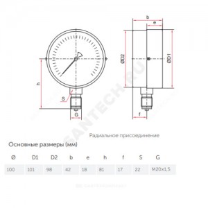 Вакуумметр ТВ-510Р.00 радиальный Дк100мм -0,1-0 МПа G1/2" Росма 00000007600