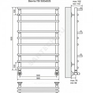 Полотенцесушитель водяной нерж сталь Лесенка Ду 25 (1/2") ВР 353 Вт 500х835мм 9П нижнее подключение Вента Терминус 4670030723918