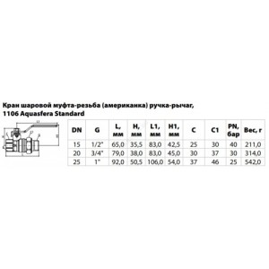 Кран шаровой латунь никель 1106 Standard Ду 15 Ру40 ВР/"американка" полнопроходной рычаг Aquasfera 1106-01