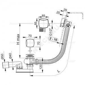 Слив-перелив для ванны плоский полуавтоматический (тросик) с переходной трубкой 10гр. 40/50 Alca Plast A564KM3