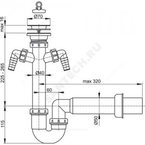 Сифон для кухонной мойки трубный 1 1/2"x40 с прямой трубкой 40/50мм с 2-мя отводами (штуцерами) выпуск с нержавеющей решёткой D=70мм Alca Plast A820-DN50