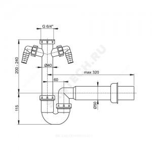 Сифон для кухонной мойки трубный 1 1/2"x40 с прямой трубкой 40/50мм с 2-мя отводами (штуцерами) без выпуска Alca Plast A82-DN50