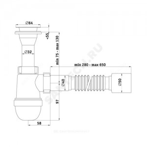 Сифон для умывальника/мойки бутылочный Ани 1 1/4"x40 с гофрой 40х50 литой выпуск с нержавеющей решёткой D=65мм АНИ Пласт C2010