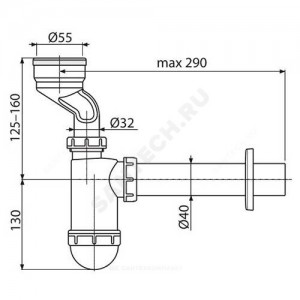 Сифон для писсуара бутылочный 1 1/4"x40 с прямой трубкой 40мм литой выпуск с резиновой манжетой D=55мм Alca Plast A45A