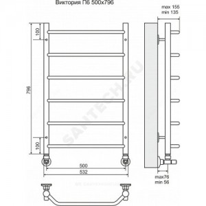 Полотенцесушитель водяной нерж сталь Лесенка Ду 25 (1/2") ВР 235 Вт 500х796мм 6П нижнее подключение Виктория Терминус 4670030725134