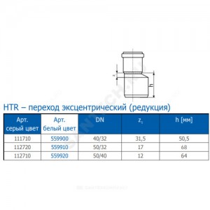 Переход PP-H эксцентрический белый HT HTRw Дн 40х32 б/нап в/к Ostendorf 559900