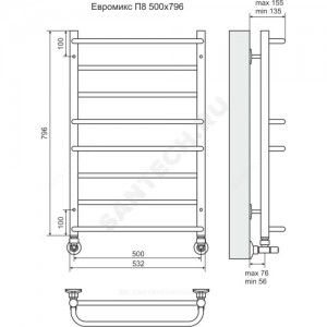 Полотенцесушитель водяной нерж сталь Лесенка Ду 25 (1/2") ВР 283 Вт 500х796мм 8П нижнее подключение Евромикс Терминус 4670030723123