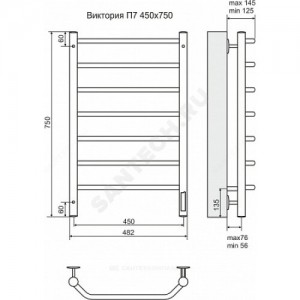 Полотенцесушитель электрический нерж сталь Лесенка 103 Вт 450х750мм 7П со встроенным диммером Виктория Терминус 4660059580159