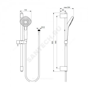 Гарнитур душевой серия IDEALRAIN EVO DIAMOND L3 штанга 600мм+шланг+лейка 3 режима струи Ideal Standard B2234AA