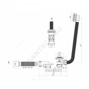 Слив-перелив для ванны плоский автоматический 1 1/2"x40 с гофрой 40х50 слив клапан "клик-клак", пробка D=42,6мм АНИ Пласт EC055