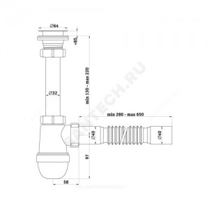 Сифон для умывальника бутылочный Ани 1 1/4"x40 с гофрой 40х40 выпуск с нержавеющей решёткой D=65мм АНИ Пласт C1005