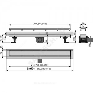 Лоток душевой с гидрозатвором Дн 50 решетка нержавеющая сталь, комбинированная 750х60 горизонтальный выпуск Alca Plast APZ23-DOUBLE9-750