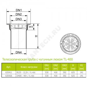 Люк чугун D400 (40T) TL-400 с телескопической трубой Ostendorf 635426