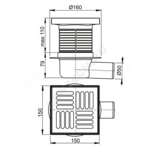 Трап регулируемый с гидрозатвором Дн 50 с нержавеющей решёткой 150х150мм горизонтальный выпуск Alca Plast APV5411