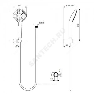 Гарнитур душевой серия IDEALRAIN EVO DIAMOND L3 держатель+шланг+лейка 3 режима струи Ideal Standard B2240AA