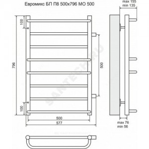 Полотенцесушитель водяной нерж сталь Лесенка Ду 25 (1") НР 283 Вт 500х796мм 8П боковое подключение Евромикс Терминус 4620768888816